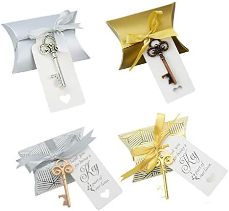 50pcs Wedding Favor Souvenir Pillow Candy Box Gift Set Vintage Skeleton Key Bottle Openers Escort Gift Card Thank You Tag French Ribbon (Copper)