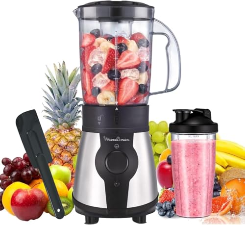 Moulinex Blend & Go, Batidora de vaso de 300 W, Jarra de 1,3 L, 4 cuchillas extraíbles, Acabado acero inoxidable, Piezas aptas para lavavajillas, Botella de plástico de 750 ml + Espátula, LM1B1DES