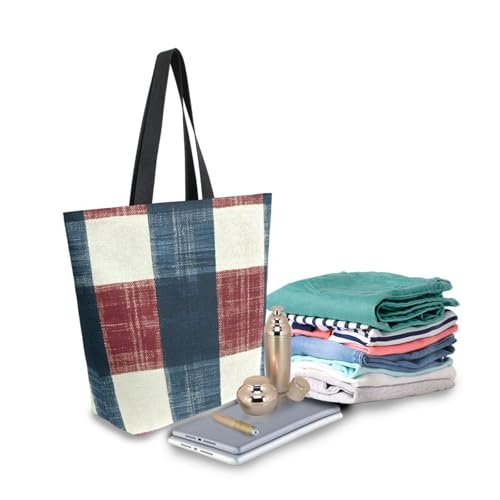 Extra Large Shoulder Tote Bag for Beach Travel Weekender Gym Navy Red Check Pattern Reusable Grocery Canvas Shopping Bag3