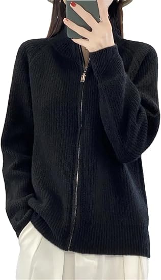 Women's Wool Knitting Sweater Turtleneck Zipper Cardigan, Full Zip Mock Neck Thick Warm Wool Sweater for Women