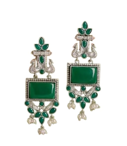 Elegant German Silver Oxidized Stone Peacock Earrings with Pearl Drops MOR*BLACK*4-image-5