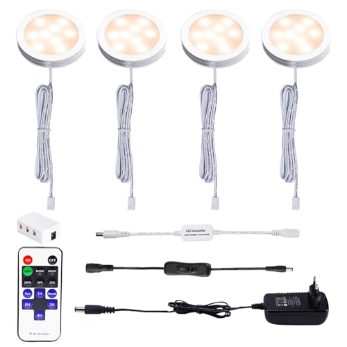 AIBOO LED Lámpara debajo de la Gabinete con Control Remoto Inalámbrico RF, Iluminación Redonda Luz Armario, 4 Luces Led para Escaparate 12V 8W (Blanco Caliente 2700K)