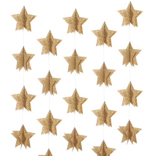 Image of 4 Pack 3D Star Garland Banner Decor, Vintage Pages Recycled Book Star Hanging Bunting Banner Backdrop for New Year Graduation Wedding Birthday Christmas Party Decor (Star 7cm)