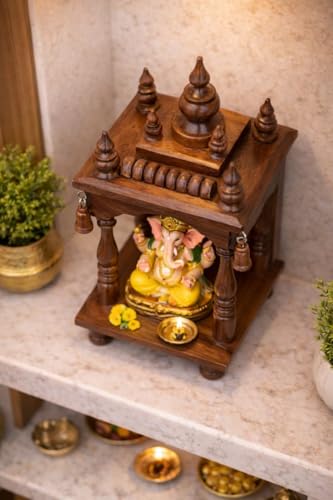 Image of Australian Handicrafts Handcrafted Wooden Temple for Home | Premium Small Pooja Mandir (12 x 6 Inch) | Solid Wood Hindu Mandir with Bells | Home, Office & Gifting