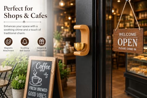 Image of Wooden Door Bell with Brass Bowl | Magnetic Door Chime Bell | Shopkeepers Doorbell for Door Opening | Decorative Magnetic Chime | Ideal for Home, Shop & Housewarming Gift