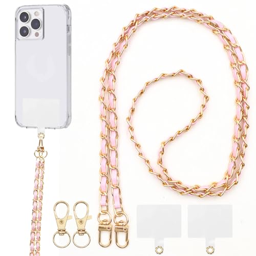 BORISCA Chaine Telephone Portable, Chaine de Telephone avec 2 Patchs de Rechange + 2 Fermoirs de Remplacement Laniere Telephone Cuir Pu Cordon TéLéphone Universel pour Les Smartphones (Rose)
