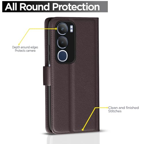 Image of Pikkme Flip Cover Leather Finish | Inside TPU with Card Pockets | Wallet Stand and Shock Proof | Complete Protection Button Flip Case for Vivo Y19s(Coffee)