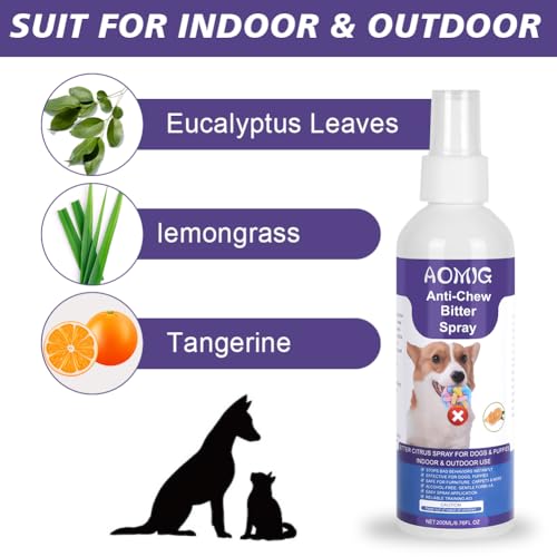 Aomig Fernhaltespray Hunde Knabberstopp für Hund Bitter Spray für Hunde Bitterspray Hundeabwehrspray Hundeschreck Fernhaltespray für Hunde Anti Kau und Lecken Spray für Möbel Kleidung Schuhen (200ml)