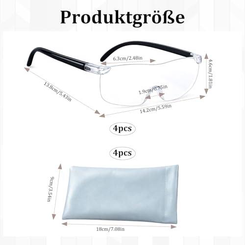 4 Stück Lupenbrille, Vergrößerungsbrille mit verschiedenen Stärken, Leselupe für Brillenträger, 300%, 500%, 800%, 1000% Vergrößerung, inklusive 4 blauen Brillentasche