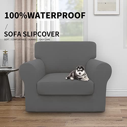 Image of Easy-Going Waterproof 2 Pieces Chair Cover Couch Covers for Sofa | Stretch Spandex Sofa Cover Protector Elastic Bottom for Cushion Couch Dog Pet Friendly Living Room Gray