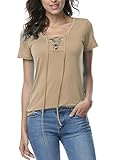 Women/Girls Sexy Deep V Neck Lace Up Short Sleeve Top Khaki X-Large