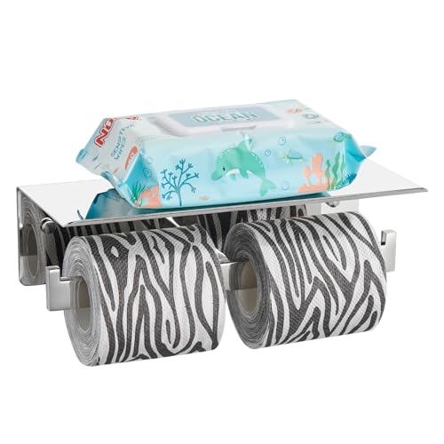 Image of Angle Simple Double Toilet Paper Holder with Shelf, Polished Chrome