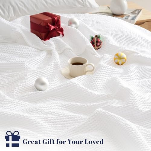 Image of PHF 100% Cotton Waffle Blanket Lightweight Breathable, Twin Size, White | Pre-washed Soft Cozy Summer Throw for Hot Sleepers, Textured Decorative Layer for Bed Couch Sofa Guest Room, Giftable