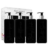 Print Maniacs Mrs Hinch Inspired Signature Black Flacon distributeur rutilisable carr avec pompe argente personnalise pour salle de bain F2 (noir, shampooing, con, gel douche, bain de bain) 500 ml