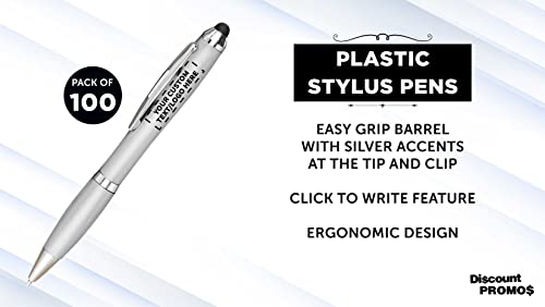 Discount Promos Custom Plastic Stylus Pens Set Of 100, Personalized Bulk Pack - Black Ink, Great For Office, School, Business, Tradeshows, Events - Silver #TOP2