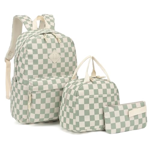 Dezcrab School Backpack for Girls - Girls Backpack with Lunch Box Pencil Case for Teen Kids Elementary Middle Bookbag (Corduroy Checkered Green)