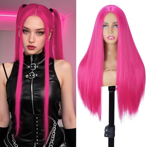 Image of QUEENTAS Hot Pink Wigs for Women 25 inch Straight Long Hair Wig for Halloween Cosplay Natural Looking Synthetic Glueless Wig