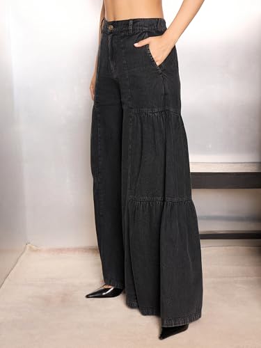 Image of Sassafras Women's Flared Washed Gathered Front - Casual Streetwear Denim Wide Leg Jeans