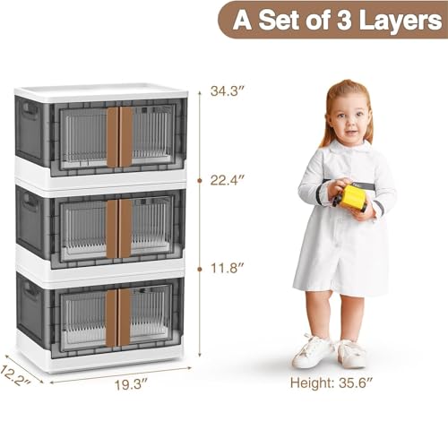 Karramlili Stackable Storage Bins With Lids,Collapsible Closet Organizers and Storage,Foldable Box with Wheels Containers for Home Kitchen Office Storage(3 Pack, 8.5Gal)