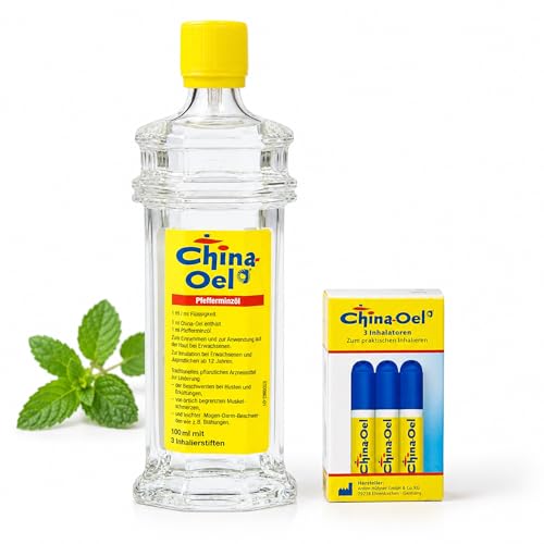 China Oel 25ml mit Inhalator - reines Pfefferminzöl zur Einnahme und Inhalation bei Erkältung und Muskelschmerzen