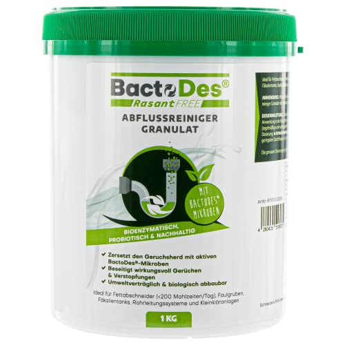 BactoDes - RasantFree Abflussreiniger-Granulat 1kg Dose - Enzymatischer Rohrreiniger 100% Bio & chemiefrei - Enzymrohreiniger gegen Verstopfungen in sämtlichen privaten & gewerblichen Abflüssen