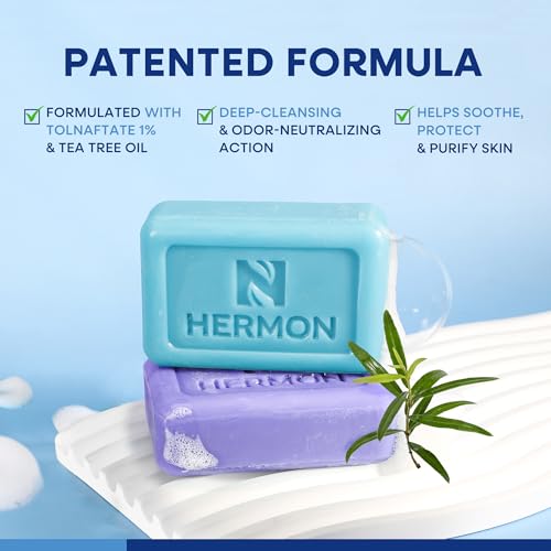 Image of Hermon Antifungal Soap with Tea Tree Oil: Antifungal Treatment Bar Soothing Care & Relief of Itchy for Ringworm, Jock Itch, & Athlete's Foot - Body & Face Wash - Original & Lavender 4Pack