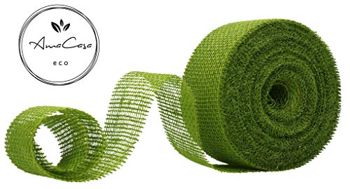 AmaCasa Eco Tischläufer Jute 6cm breit, 25m Rolle | gestärkter Jutestreifen mit kompostierbarem Etikett | Tischband für Tischband für wundervolle Dekorationen (Olivgrün - 6cm/25m)