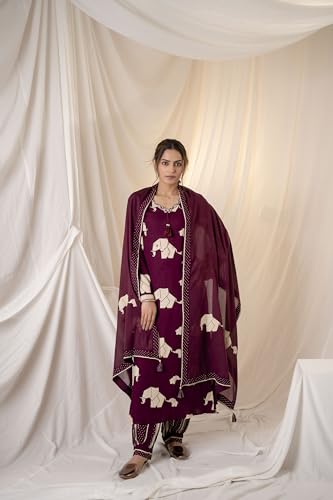 Image of ishin Quirky Printed Rayon A-line Kurta paired with Afghani Pants and Flowy Chiffon Hand Tassel Dupatta