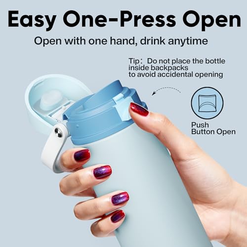 Image of Insulated Water Bottle with Straw - Encool Stainless Steel Water Bottle with Push Button Lid, Leak-Proof & BPA-Free, Keeps Cold for 24 Hours for Sports, Travel, Gym (24 oz, Jungle Mist)