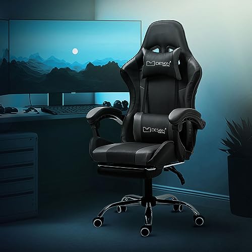 ML-Design Massage Gaming Stuhl, Schwarz-Grau, PU-Leder, Ergonomischer Bürostuhl, Verstellbarer Drehstuhl, Racing Gamer Stuhl mit Armlehne, Kopfstütze, Lendenkissen, Fußstütze, Schreibtischstuhl Sessel