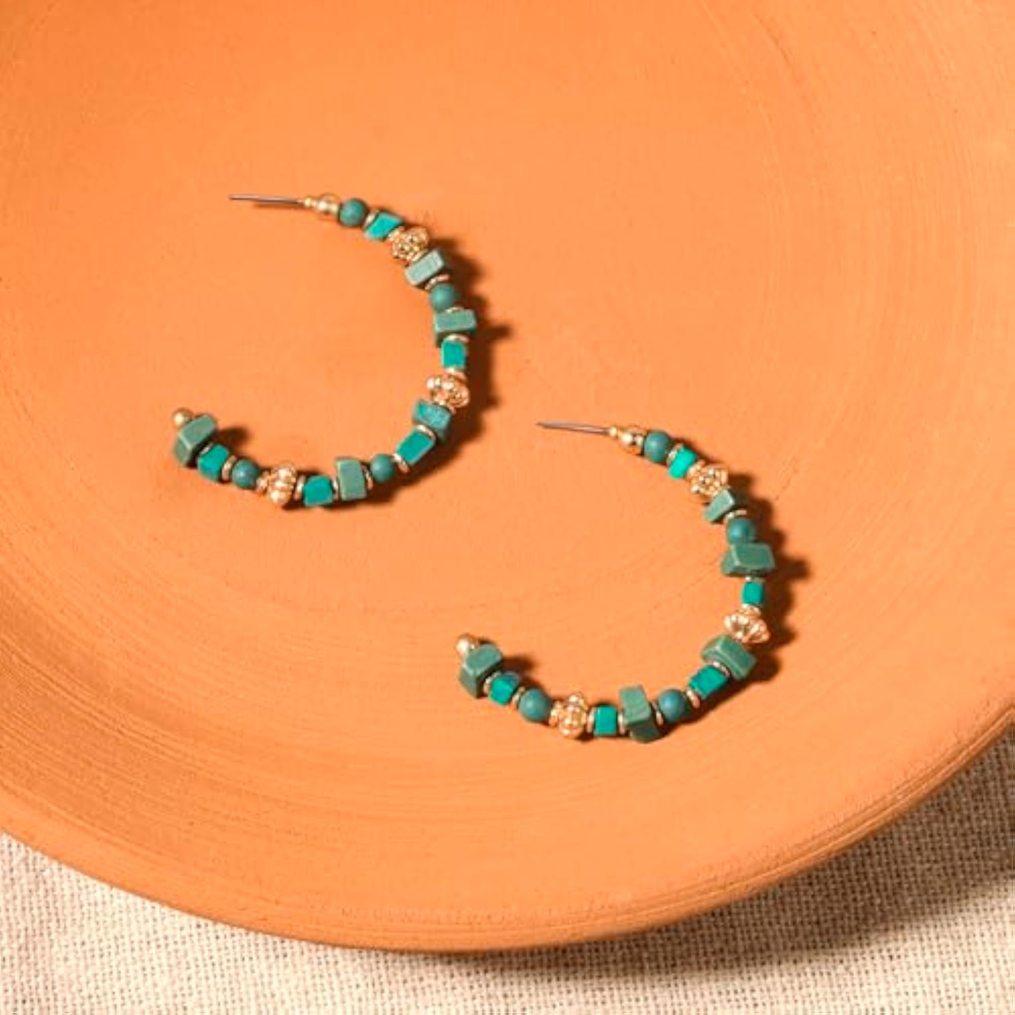 Women's London Green Teal Beaded Hoop Earrings, Stylish Gift