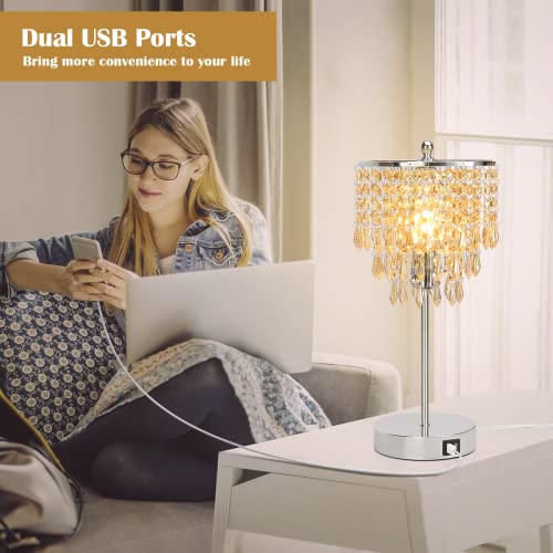Usb Bedside Crystal Lamp, 3 Way Touch Control Table Lamp With 2 Usb Ports, Dimmable Nightstand Lamp With Amber Yellow Shade, Modern Decorative Lamp For Bedroom, Living Room, B11 6W Led Bulb Included #TOP3