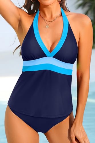 Image of Yonique Womens Two Piece Swimsuits Tummy Control Tankini Plus Size Bathing Suit Halter V Neck Swimwear