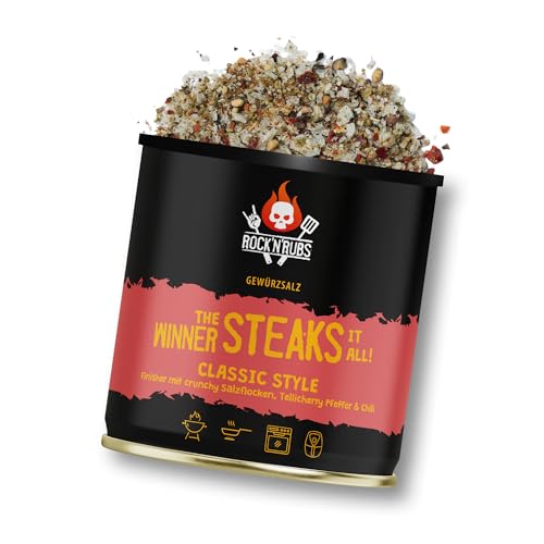 ROCK'N'RUBS - The Winner Steaks It All - Classic Style | Finisher mit Crunchy Salzflocken, Telicherry Pfeffer & Chili | Gewürzdose, 140 g