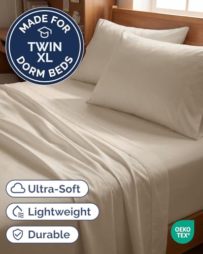 Image of Twin XL 4 Piece Sheet Set - College Dorm Room Essentials - Wheat | Ultra Soft Dorm Bedding Set, 8 inch to 16 inch Inch Deep Pockets, 1 Flat & 1 Fitted Sheet & 2 Pillowcases, Wrinkle & Fade Free