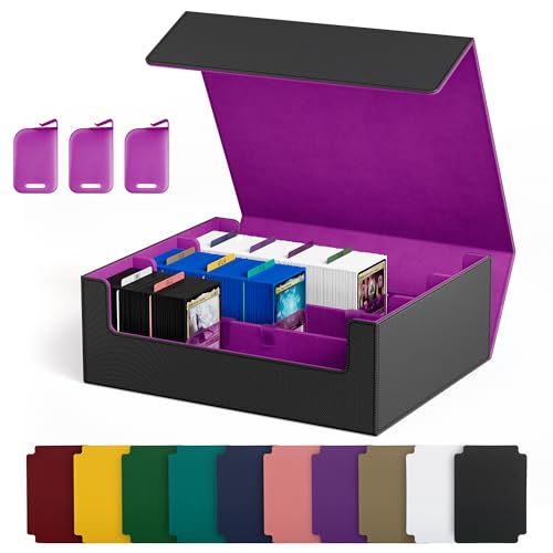 Image of UAONO Trading Card Storage Box, Holds 1800 Sleeved Cards with 10 Dividers & 3 Stoppers, Magnetic Closure PU Leather Card Case for MTG, PTCG, YGO, Sports Cards (Black&Purple)