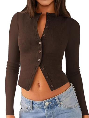 Matunana Womens Fall Long Sleeve Tops Lightweight Cardigan Cropped Sweaters Crop Going Out Shirts Ribbed Button Down Cute Y2k Trendy Outfits Fashin Clothes 2026 Chocolate Brown Coffee S