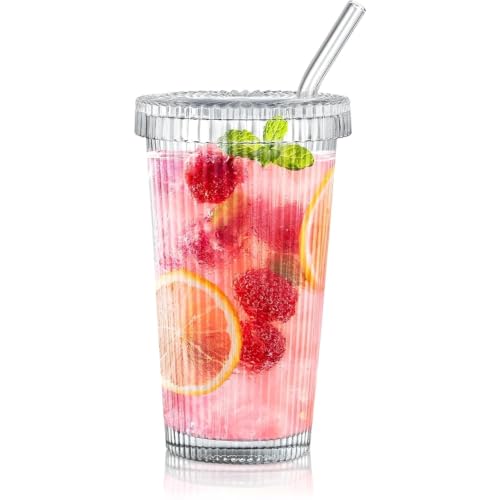Image of Glass Tumbler with Lid and Straw - 380ml, Set of 1, Clear Ribbed Iced Coffee Cup,Vintage Drinking Jar Glasses,Fluted Glassware for Juice Smoothie Water Milk Soda