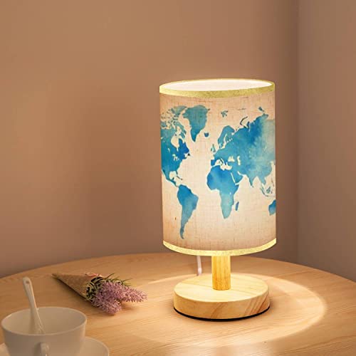 Lopyeijfg Minimalist Bedside Table Lamp Blue World Map Vintage Paper Watercolour Style Wood Nightstand Lamp Bedside Desk Lamp Wood Base Flaxen Fabric Shade For Bedroom Living Room, 5.5X11Inch #TOP1