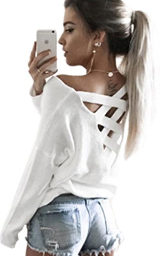 Ecowish V Ausschnitt Oberteile Damen Kreuz Langarmshirts Tops Hemd Shirt - Weiß - EU S Cover