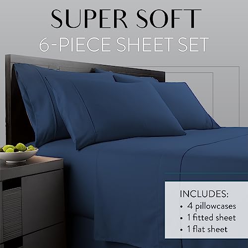 Danjor Linens Bed Sheet Set Full Size for Teens, Hotel Premium Sheets with 4 Pillowcases, Lightweight Brushed Microfiber Deep Pockets, Breathable Cooling 6 Piece Bedding Sets, Navy