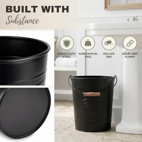 Image of Autumn Alley Black Farmhouse Bathroom Trash Can, Wooden Handle, 2 Gallon