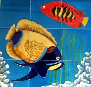 J Sea Designs Yellow Angel Fish Ceramic Wall Art Tile Mosaic, 9 6"x6" Tiles