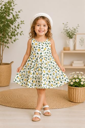 Image of Bold N Elegant Toddler Girls Summer Dress with Crochet Hat Set, Sleeveless Floral /Strawberry Print Tiered Sundress, Casual Beach Party Outfit for Baby Girls 1-6 Years