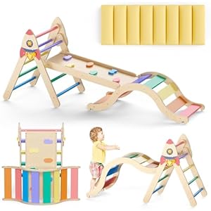 Pikler Triangle Set with Cushion, 9-in-1 Kids Climbing Toys for Toddlers 1-3 Inside, Montessori Toddler Climbing Toys Indoor, Large Wooden Pikler Triangle Climbing Set Baby Playground for Children