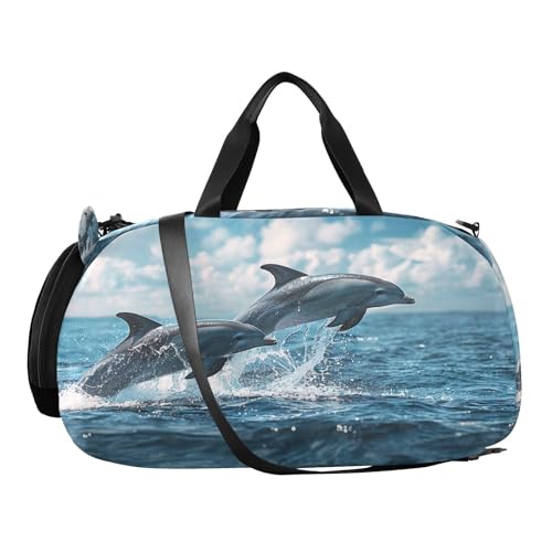 YETTASBIN Sport Travel Duffel Bag for Girls Boys, Dolphin Large Waterproof Weekender Overnight Bag, Detachable Shoulder Strap Gym Bag with Shoe Compartment & Wet Pocket2