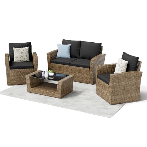 LHBcraft 4 Piece Outdoor Patio Conversation Sets, Wicker Patio Furniture