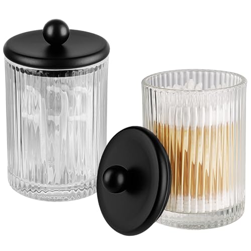 3Pack Glass Qtip Holder Dispenser Set - Bathroom Canister Storage Organizer for Cotton Balls, Swabs, Floss Picks, and Makeup Sponges with Matte Black Metal Lid - Clear Vanity Apothecary Jars - Image 5