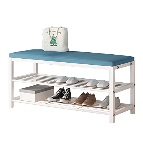 Plasaig Gepolsterte Sitzbank mit 2 Ablagen, Schuhaufbewahrungsbank für Flur, Eingang, aus Metall, nordischer Stil (Weiß/Blau) Cover