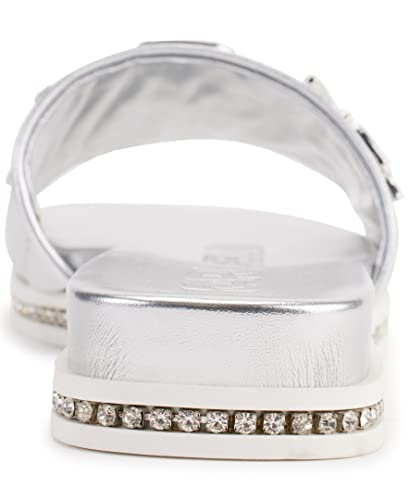 Karl Lagerfeld Paris Women's Jeslyn Effortlessly Fashionable Slide-on Shoes with Bold Klp Pins Flat Sandal2